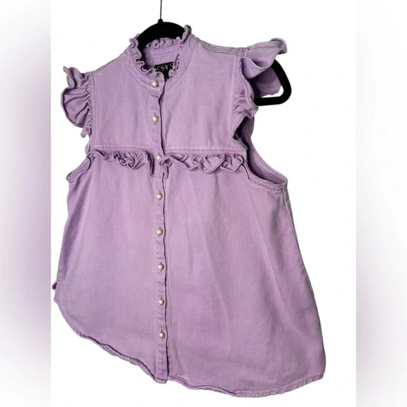 SSYS the Lable Purple Cotton Denim Button Front Ruffle Sleeveless Top Size Small - Picture 3 of 13